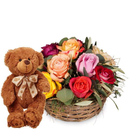 Ein Korb voller Rosen mit Teddybär (braun)